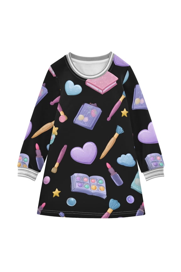 Kawaii Style Makeup Pattern Girls'long-sleeved dress Thickened A-dress Warm Dress Basic Shirt Party Dresses