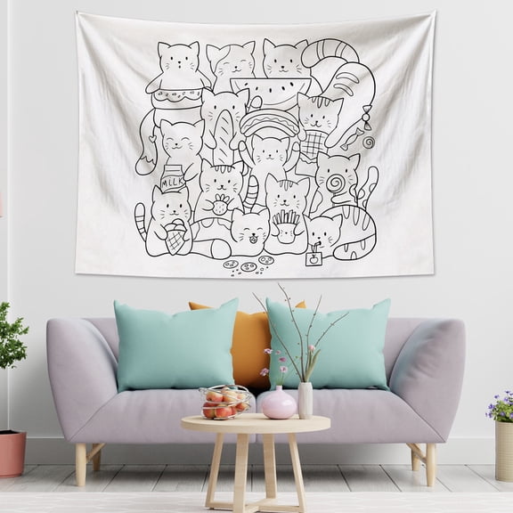 Kawaii Style Tapestry Modern Minimalism a Group of Kittens White Tapestry Wall Hanging Decor for Living Room Bedroom Dorm Graduation Decor