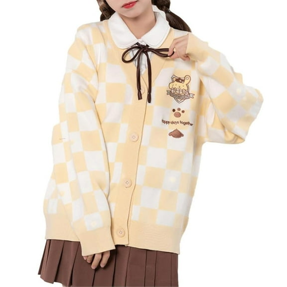Kawaii Sweater Anime Plaid Cardigan Sweaters Cardigan for Women Cosplay Costume V Neck Long Sleeve