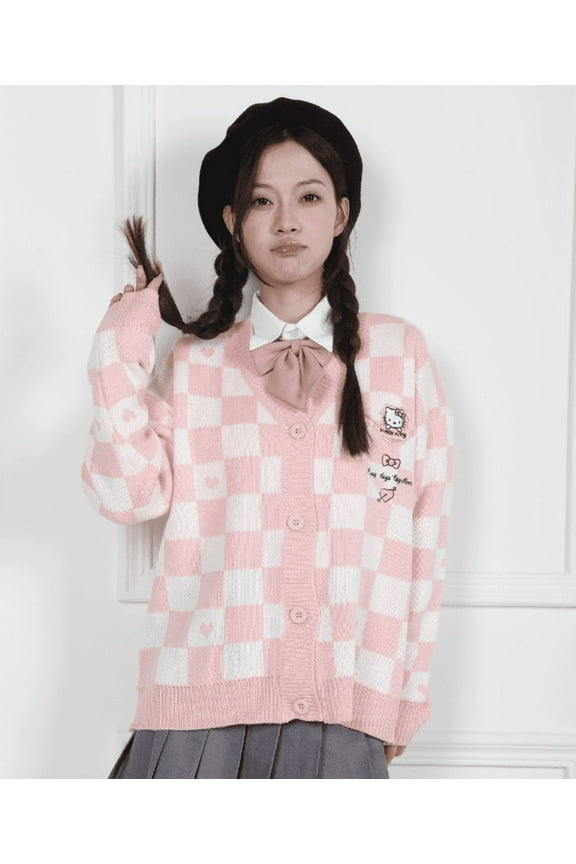 Kawaii Sweater Anime Plaid Cardigan Sweaters Cardigan for Women Cosplay Costume V Neck Long Sleeve