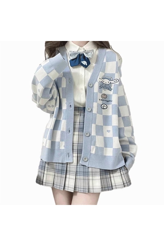 Kawaii Sweater Anime Plaid Cardigan Sweaters Cardigan for Women Cosplay Costume V Neck Long Sleeve