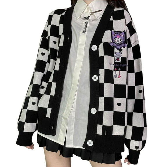 Kawaii Sweater Anime Plaid Cardigan Sweaters Cardigan for Women Cosplay Costume V Neck Long Sleeve