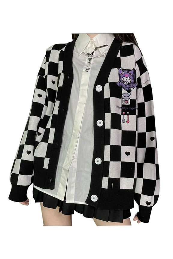 Kawaii Sweater Anime Plaid Cardigan Sweaters Cardigan for Women Cosplay Costume V Neck Long Sleeve
