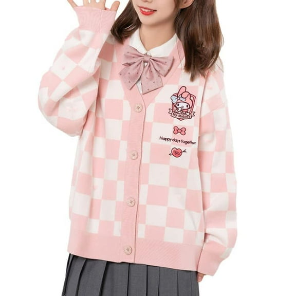 Kawaii Sweater Anime Plaid Cardigan Sweaters Cardigan for Women Cosplay Costume V Neck Long Sleeve