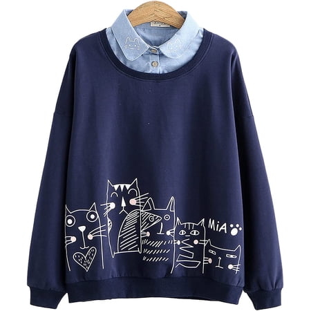 Kawaii Sweatshirt Cat Anime Graphic Cute Aesthetic Girl Kitty Cartoon Long Sleeve Top Denim Collar Preppy Pullover