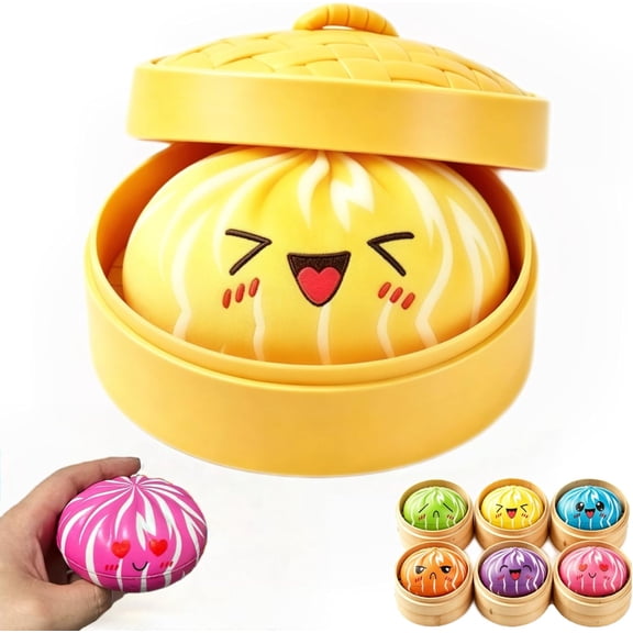 Kawaii Swirl Dumpling Squishy Toys with Steamer Box – Colorful Striped Steamed Bun Sensory Stress Balls – Fun Fidget Desk Accessory & Anxiety Relief Gifts for Teens Adults (Yellow)