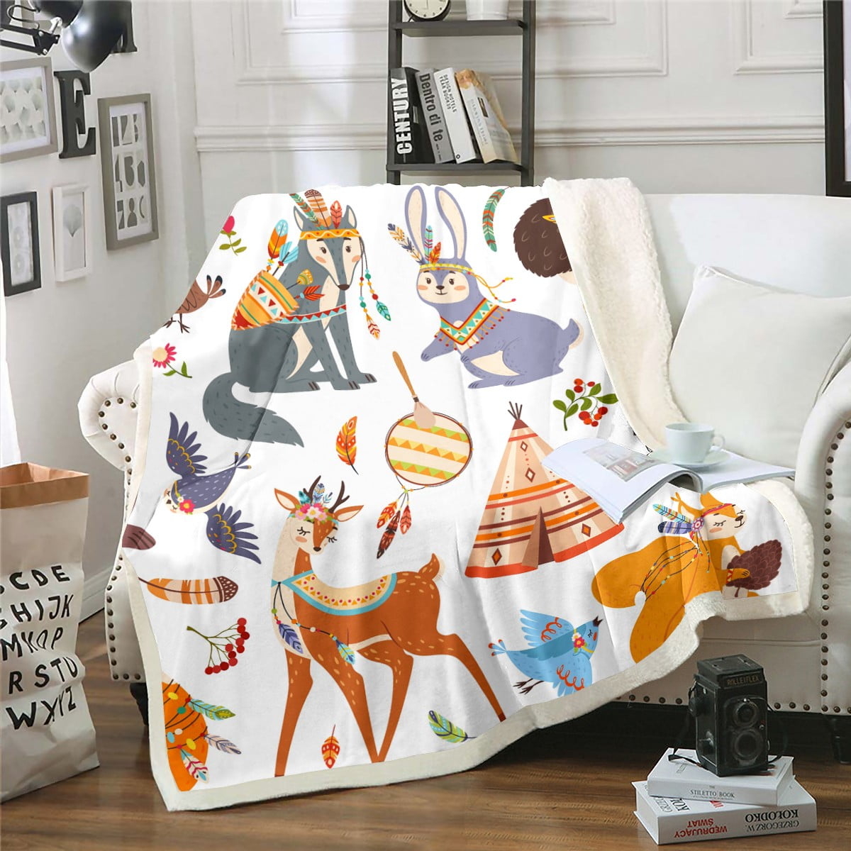 Kawaii Throw Blanket Woodland Animals Bohemian Blanket 60"x80",African