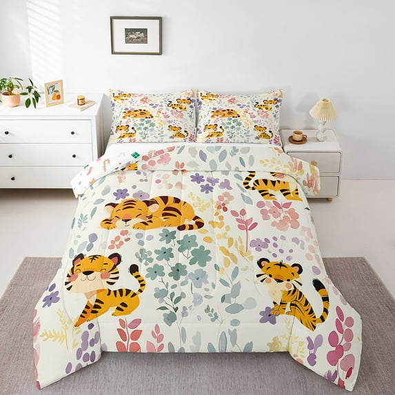 Kawaii Tiger Bedding Set,Cartoon Tiger Floral Comforter Set,Cute Colorful Flower Quilt Bed Set Wildlife Animal Print Down Comforter with 1 Pillowcase