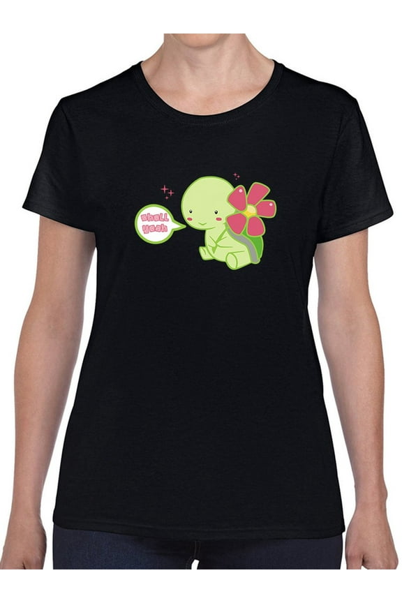 Kawaii Turtle Shell Yeah Graphic Women Black T-Shirt, Female Large