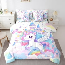 Kawaii Unicorn 7 Pcs Comforter Set Twin Size Cartoon Castle Bedding Unicorns Cute Wildlife Bed In A Bag Sheet Set Magic Horse Bedroom Decor Rainbow Clouds Bed Set