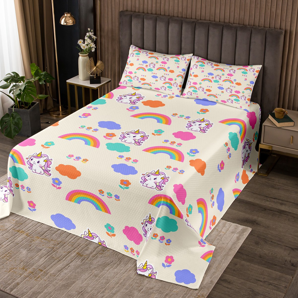 Kawaii Unicorn Bedspread Twin Size for Toddlers Cartoon Animal Quilt