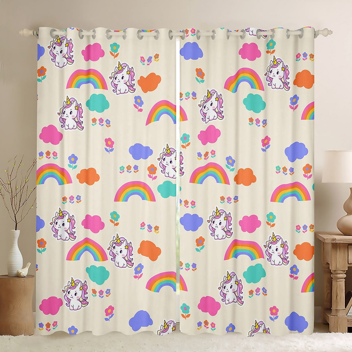 Kawaii Unicorn Blackout Curtains for Toddlers Cartoon Animal Curtains