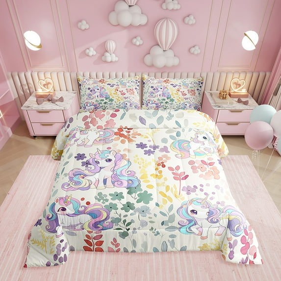 Kawaii Unicorn Comforter Set Queen Size,Cute Rainbow Floral Unicorn Bedding Set,Watercolor Flower Quilt Bed Set Colorful Flowers Down Comforter with 2 Pillowcases