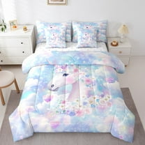 Kawaii Unicorn Twin Comforter Set 7 Piece Cute Fantasy Rainbow Unicorn Bed In A Bag With Sheets,Magical Cartoon Animal Bedding Set,Colorful Flowers Love Heart Bed Set