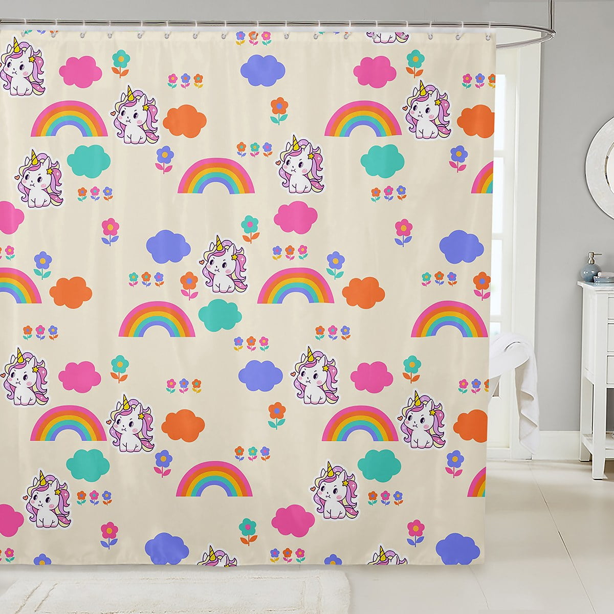 Kawaii Unicorn Waterproof Bathroom Curtain Cartoon Animal Bath Curtain