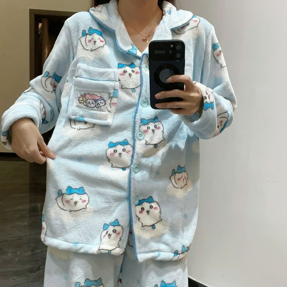Kawaii Usagi Chiikawa Pajamas Suit Cartoon Women's Cute Coral Velvet Thickened Warm Home Clothes Setlong-Sleeved Trousers