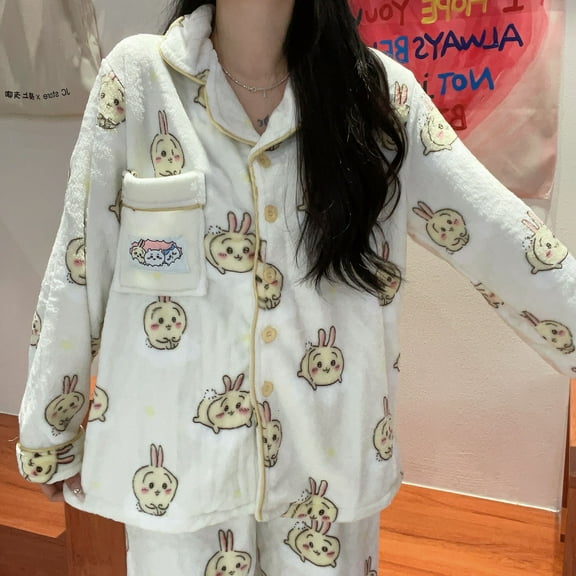 Kawaii Usagi Chiikawa Pajamas Suit Cartoon Women's Cute Coral Velvet Thickened Warm Home Clothes Setlong-Sleeved Trousers
