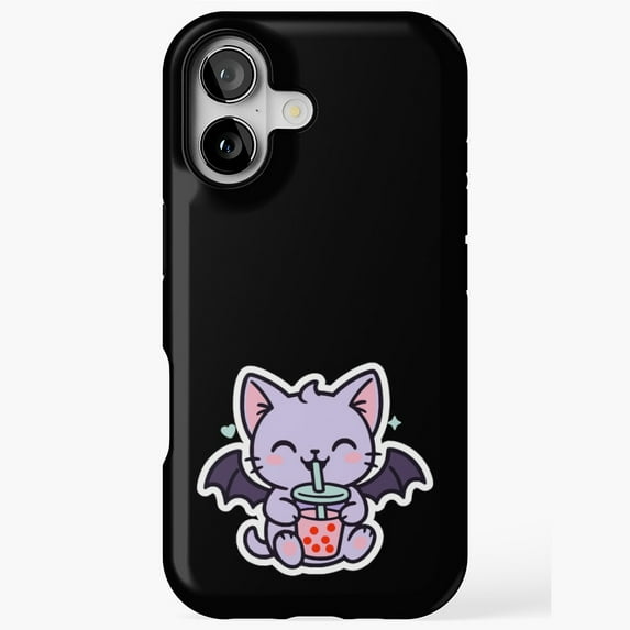 Kawaii Vampire Bat Cat Bubble Tea Compatible Phone Case for iPhone 11–17 Pro Max