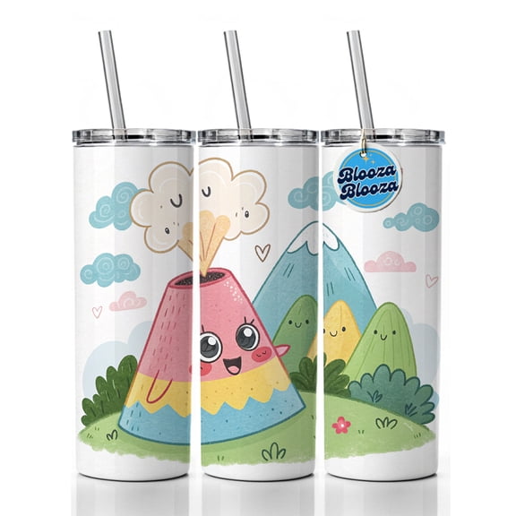 Kawaii Volcano 20oz Insulated Water Bottle Skinny Tumbler Includes Straw