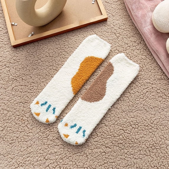 Kawaii Warm Simple Printing Stripe Girls Cute Floor Socks Mid-tube Socks Coral Fleece Socks Female Hosiery C
