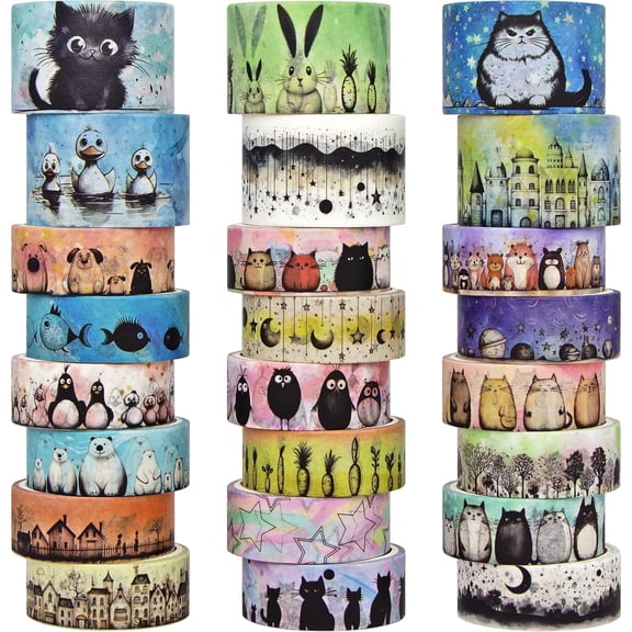 Kawaii Washi Tape Set - 24 Rolls Cute Animals Aesthetic Decorative Washi Tape for Scrapbooking Supplies, Bullet Journal Supplies, Junk Journal, Kids Art Craft Tape