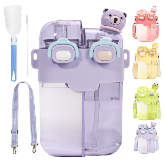 Kawaii Water Bottle, 26oz Cute Water Bottle with Straw, Double Drinking Design, Leakproof, Multiple Locking, 3D-Cartoon Pattern, Portable Water Bootle for Travel, Picnic, Sport (Purple)