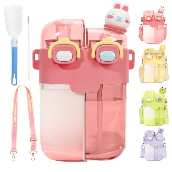 Kawaii Water Bottle, 26oz Cute Water Bottle with Straw, Double Drinking Design, Leakproof, Multiple Locking, 3D-Cartoon Pattern, Portable Water Bootle for Travel, Picnic, Sport (Purple)