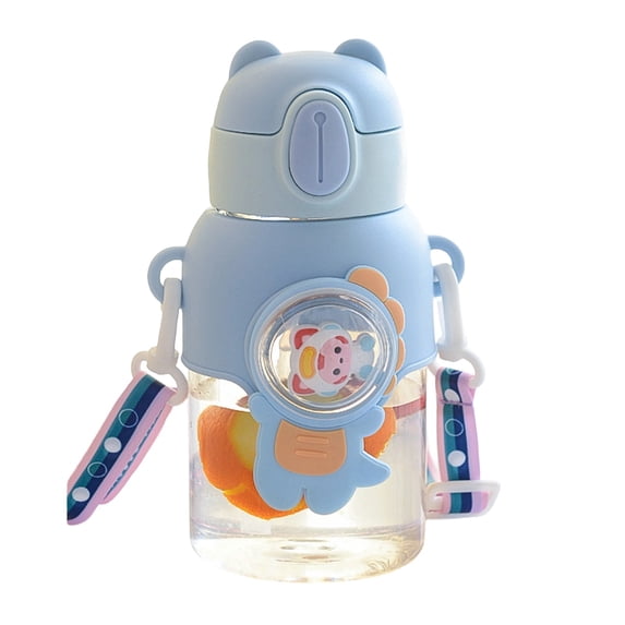 Kawaii Water Bottle with Flip-Top Lid, Animal Character Reusable Plastic Drinking Bottle with Straw and Adjustable Strap for School Outdoor, 20 Oz