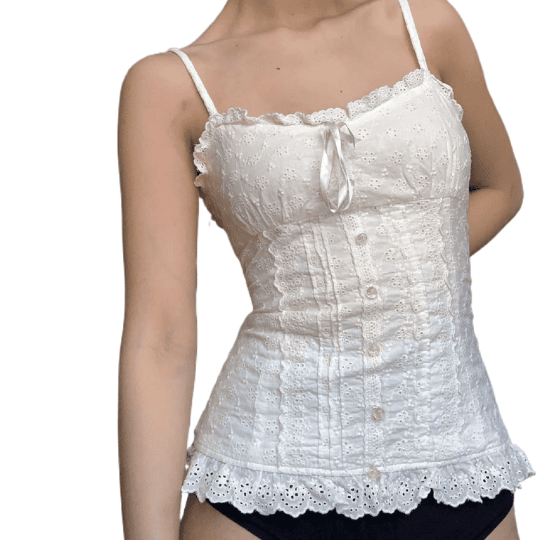 Kawaii White Corset Top 2000s T-Shirts Lace Trim Vintage