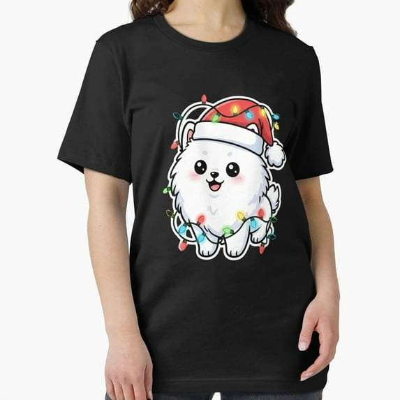 Kawaii White Puppy in Holiday Hat Cute Festive Winter Illustration Unisex T-Shirt, up to size 5XL