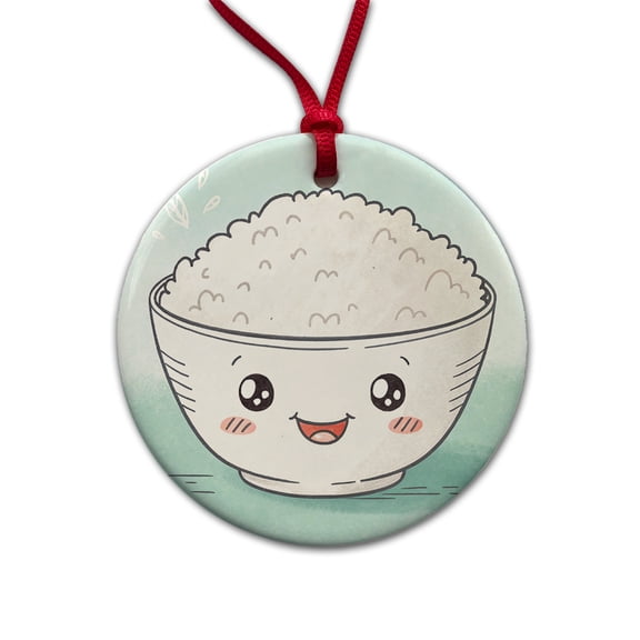 Kawaii White Rice Bowl Christmas Tree Holiday Round Ceramic Ornament