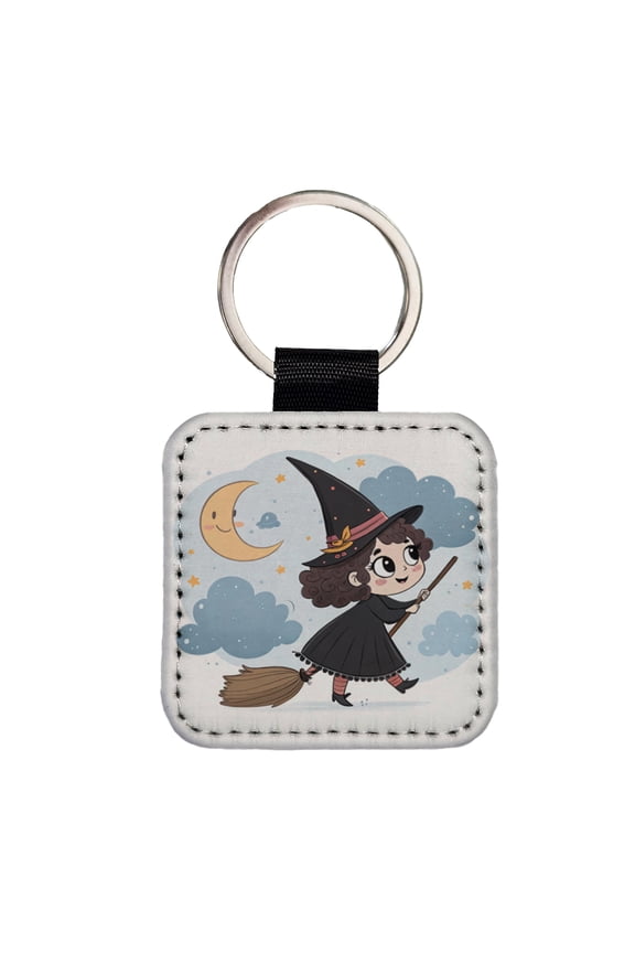 Kawaii Witch Broom Halloween Faux Leather Square Keychain
