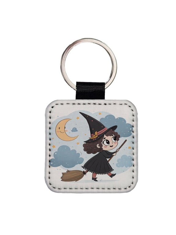 Kawaii Witch Broom Halloween Faux Leather Square Keychain
