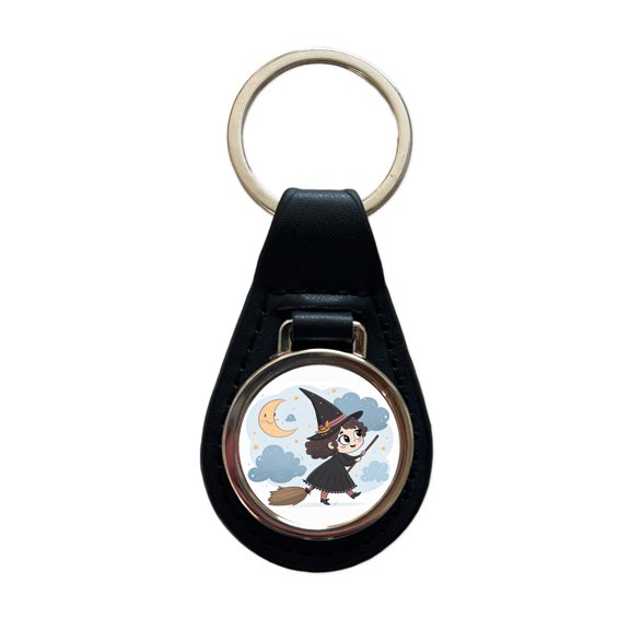 Kawaii Witch Broom Halloween Metal Black Leather Keychain