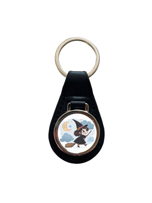 Kawaii Witch Broom Halloween Metal Black Leather Keychain