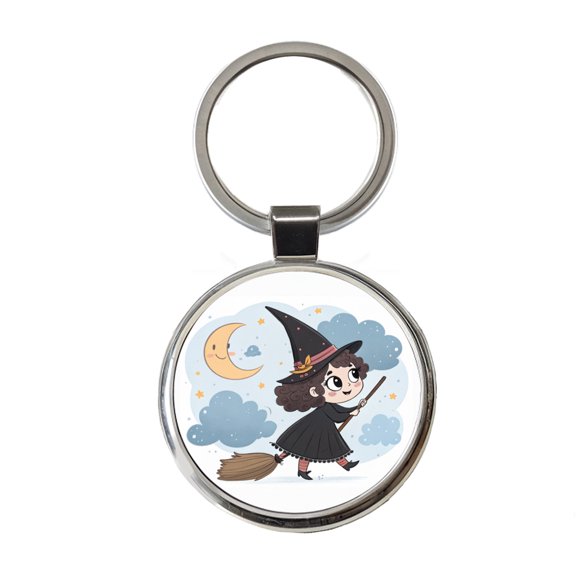 Kawaii Witch Broom Halloween Metal Round Keychain