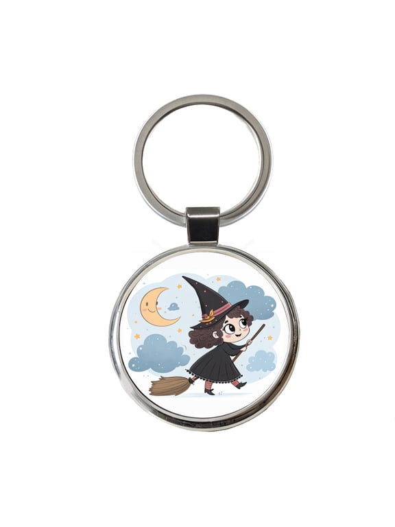 Kawaii Witch Broom Halloween Metal Round Keychain