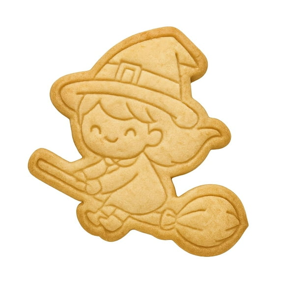 Kawaii Witch on Broom Cookie Cutter & Stamp 4x3.8" for Baking & Fondant Clay