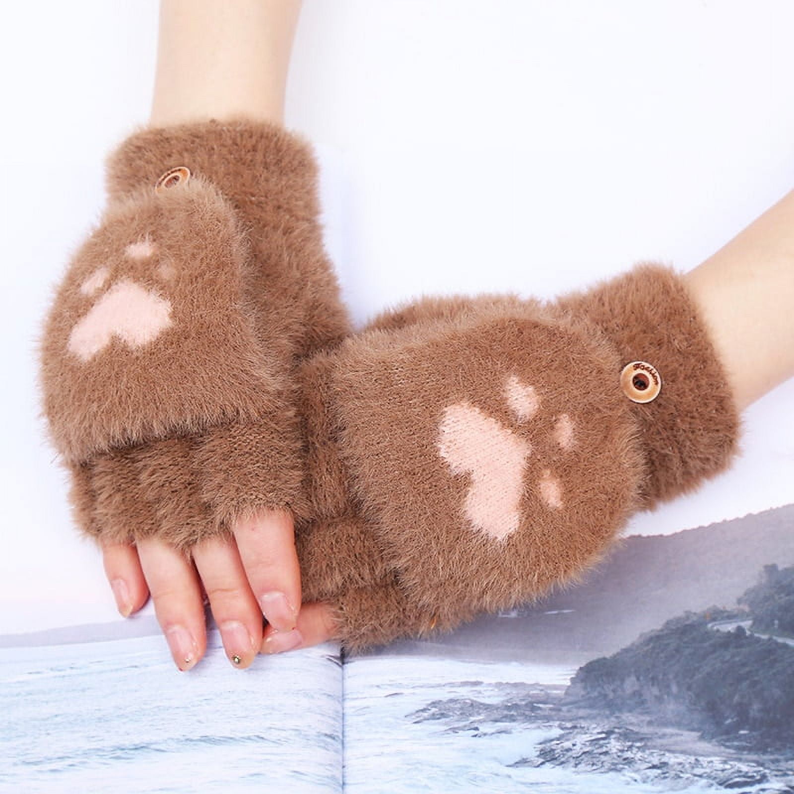 Kawaii Women Cat Gloves Fashion Girls Cat Claw Paw Plush Mittens Warm Soft Plush Short