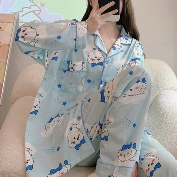 Kawaii Women Pajamas Suit Chiikawa Cartoon Usagi Cotton Autumn Casual Homewear Anime Cute Long-Sleeved Pants Nightclothes
