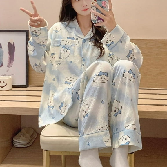 Kawaii Women Pajamas Suit Chiikawa Cartoon Usagi Cotton Autumn Casual Homewear Anime Cute Long-Sleeved Pants Nightclothes