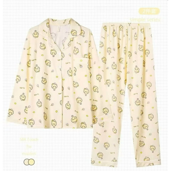 Kawaii Women Pajamas Suit Usagi Chiikawa Cotton Cartoon Hachiware Spring Casual Home Wear Anime Long-Sleeved Pants Nightclothes