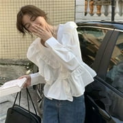 Kawaii Women Shirt Korean Style Elegant White Blouse Long Sleeve Ruffles Asymmetrical Top Female Vintage Chic Japanese Y2k-White-XL
