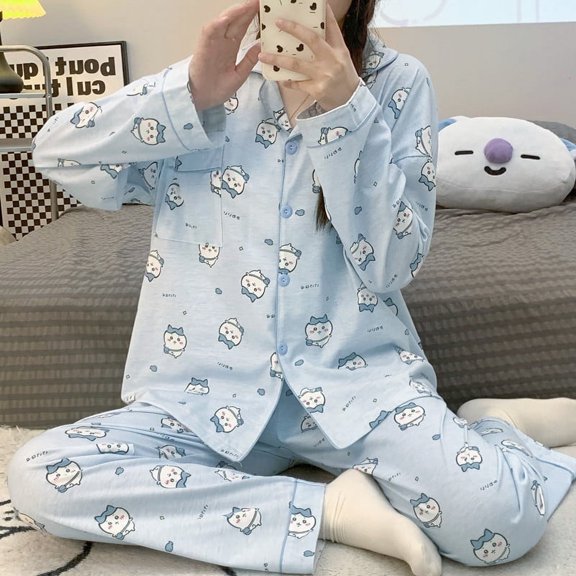 Kawaii Women Usagi Cute Pajamas Set Long Sleeved Pant Anime Chiikawas Leisure Student Cartoon Comfort Loose Cute Women Homewear
