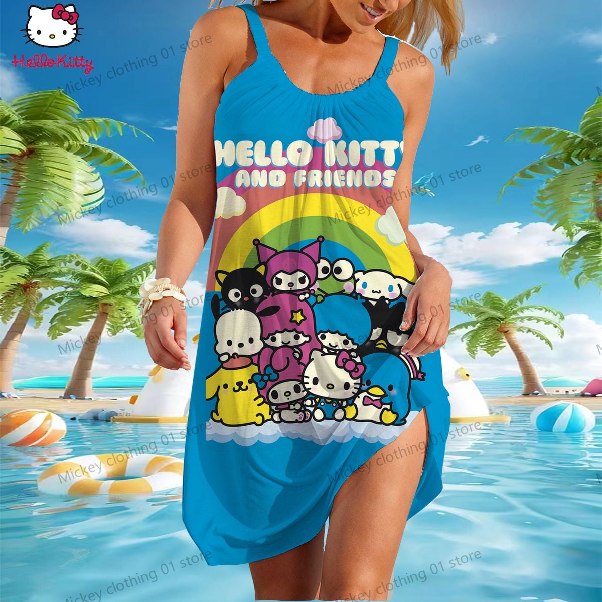 Kawaii Women's Beach Dresses Hello Kitty Sanrio Summer Onepiece Dress