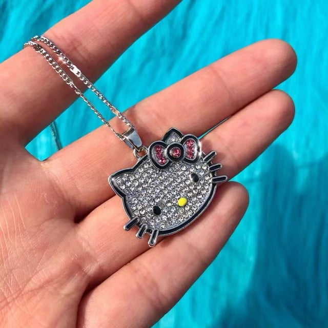 Y2k Hello Kitty Sanrio Necklace with Chain Alloy Silver Crystals Female  Charm Rhinestone Goth Pendant Jewelry Valentine Day Gift