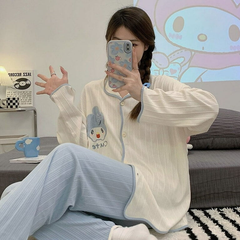 Kawaii Y2K Sanrio Hello Kitty Cotton Women Pajama Set Sleepwear Long Sleeve  Cute Loungewear Large Size Women's Home Clothes