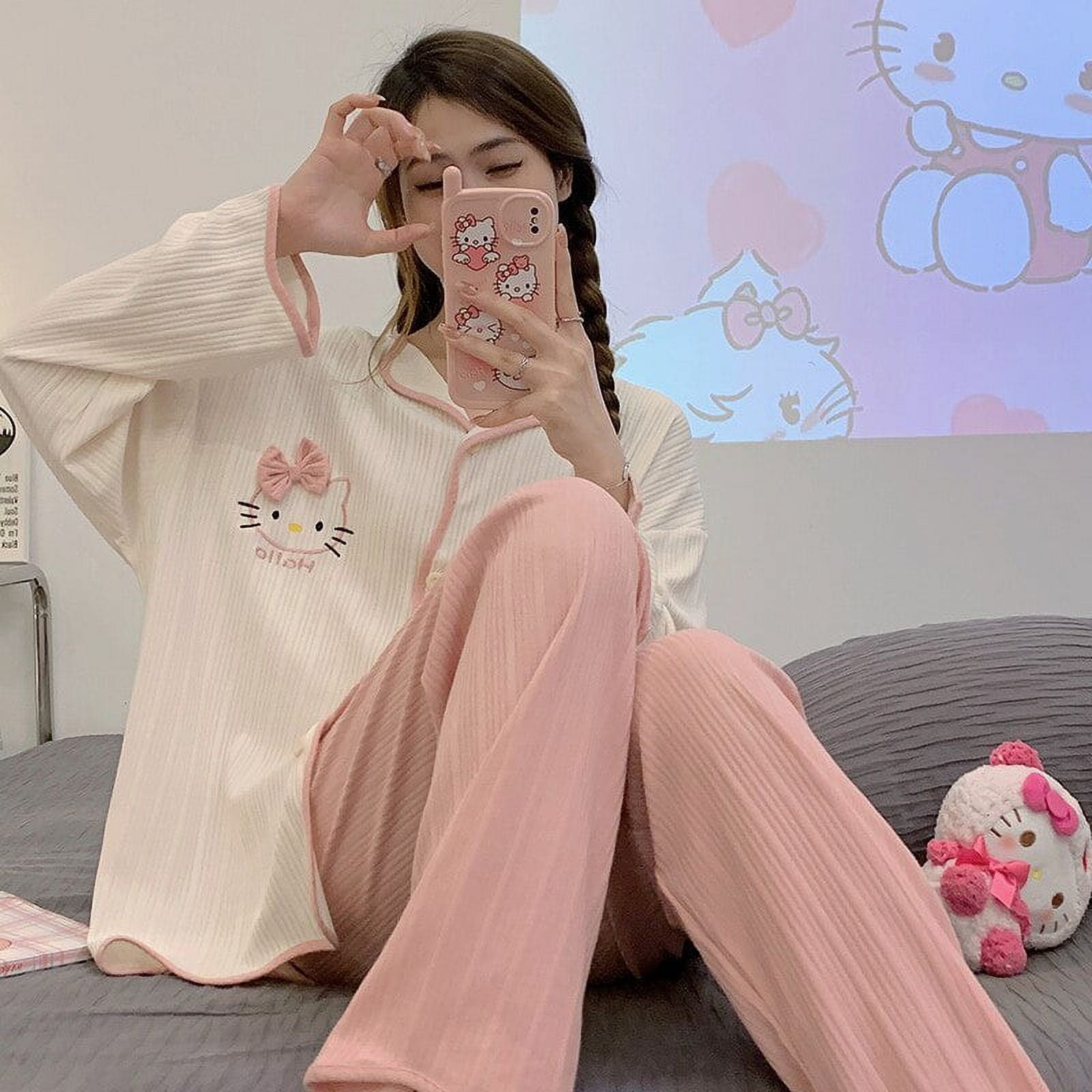 Kawaii Y2K Sanrio Hello Kitty Cotton Women Pajama Set Sleepwear Long