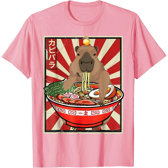 Kawaii bird Capybara Eating Ramen Noodles Anime Japanese Unisex T-Shirt for Men Women Kids Toddler,Light Pink Color,Size L