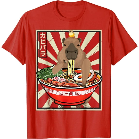 Kawaii bird Capybara Eating Ramen Noodles Anime Japanese Unisex T-Shirt for Men Women Kids Toddler,Red Color,Size YXS